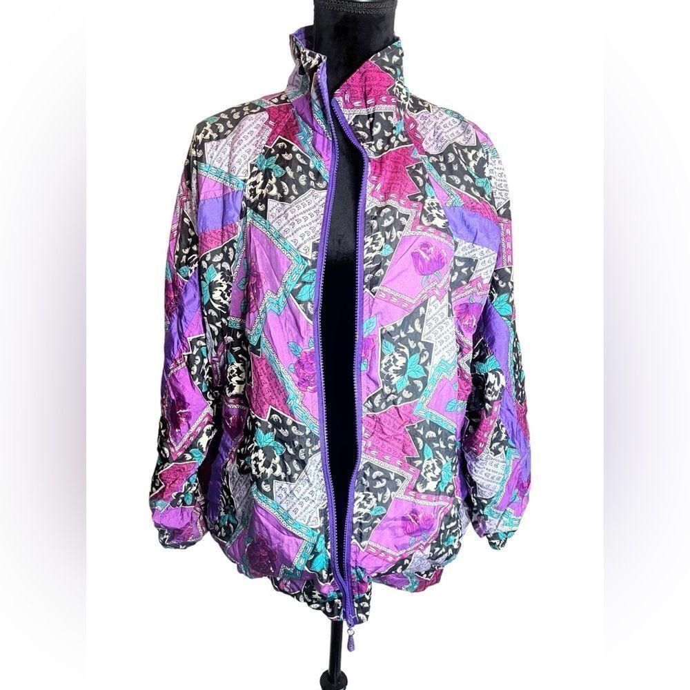 VINTAGE 80s/90s RAFEAL COLOR BLOCK‎ PRINTED WINDBREAKER JACKET WOMENS SIZE LARGE - Picture 8 of 12